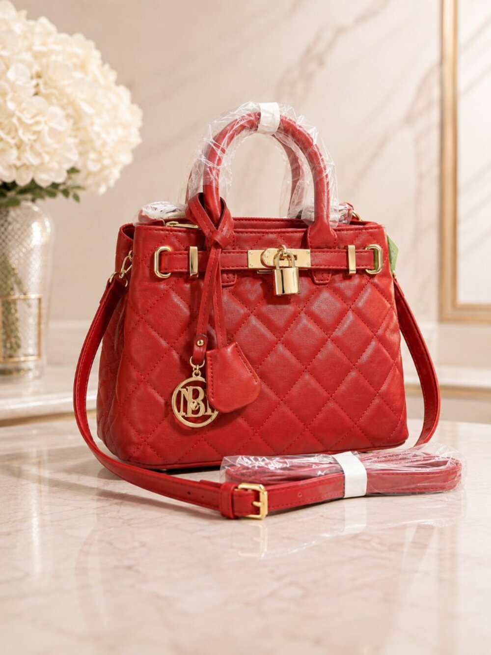 Studio Badgley Mischka BM-4162 Brick Red Quilted Mini Tote Crossbody NWT - Picture 4 of 15